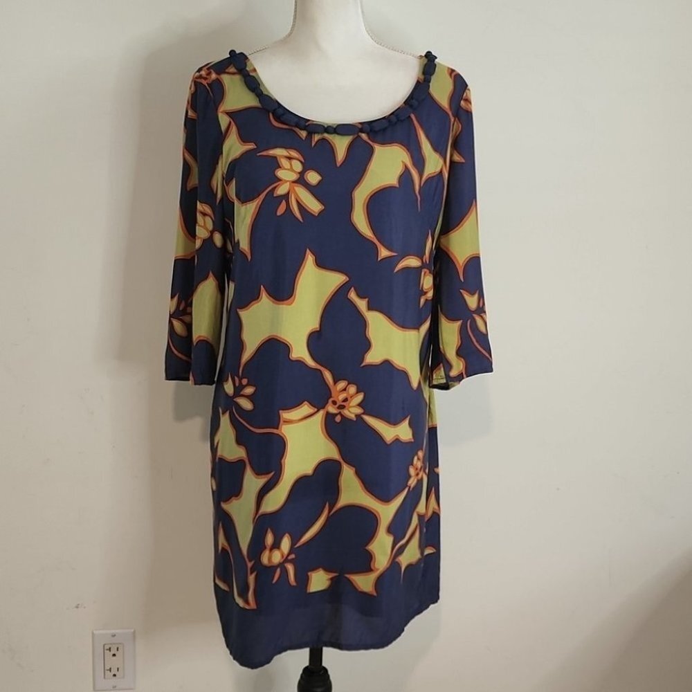 LOFT by Ann Taylor Blue Green Floral Mini Round Neck Mini Shirt Dress 4 T20 - Picture 10 of 10